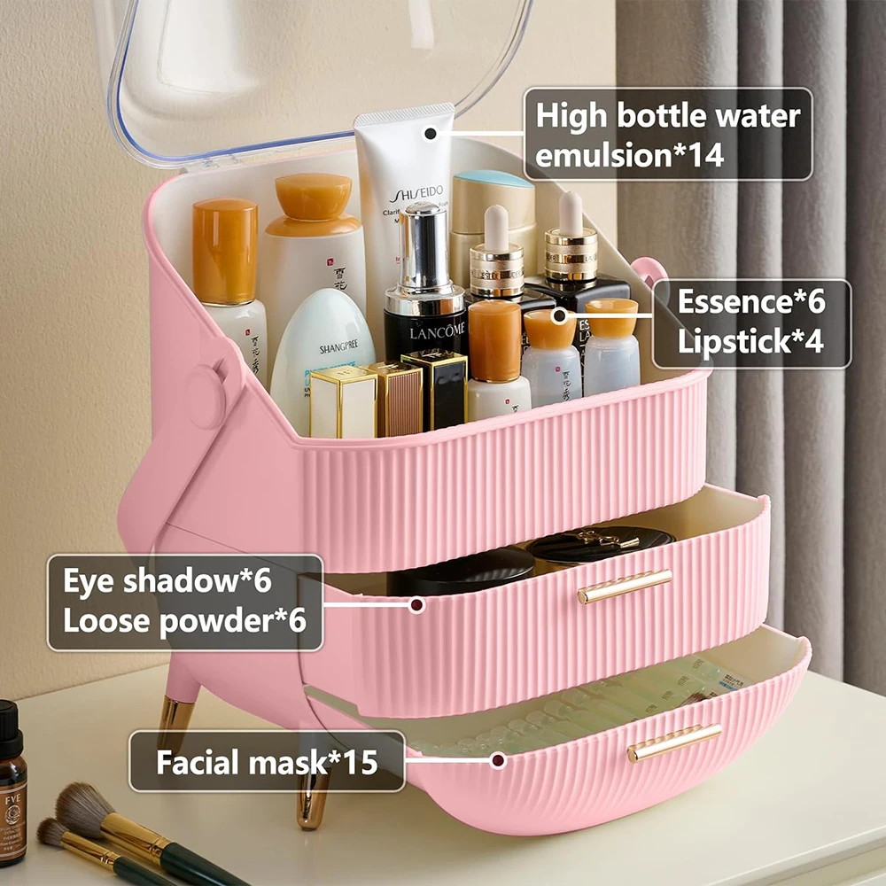 Large Makeup Organizer for Vanity Bathroom Dressing Case Dresser Countertop Skin Care Cosmetic Storage Box with 2 Drawer Pink