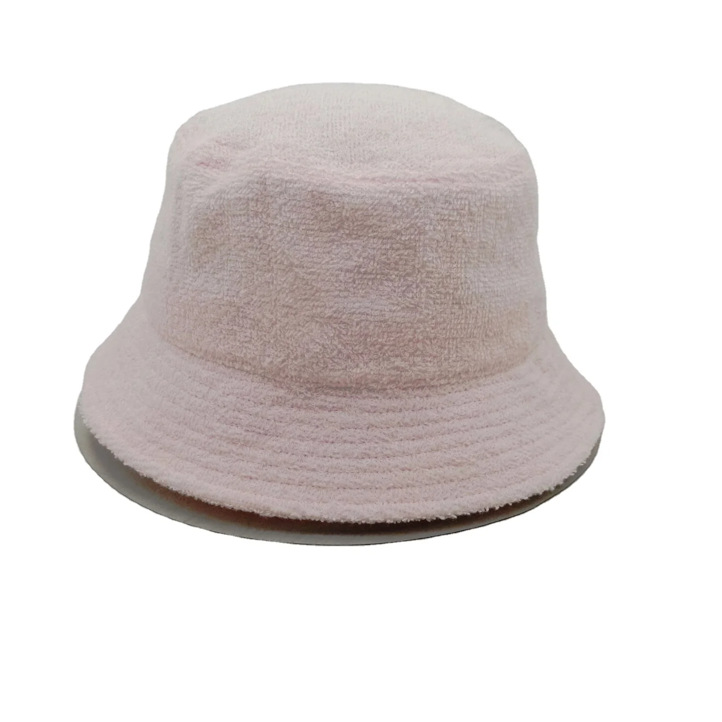 Custom lighter pink terry towel bucket hats with front embroidery