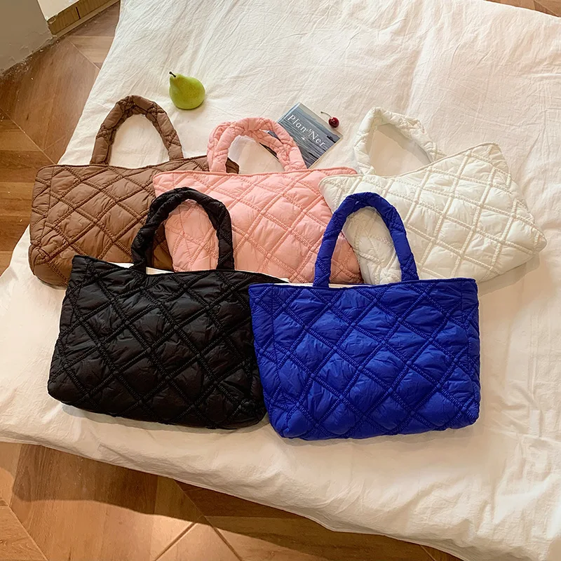 Winter New Lingge Cotton Clothes Women Shoulder Bag Nylon Handbag Ladies Large Capacity Hand Tote Bag