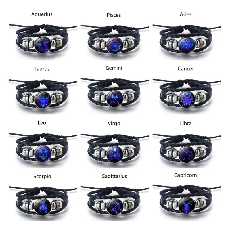 12 constellations luminous braided rope bracelet Zodiac multilayer Handmade Leather Bracelet Bangles Jewelry Glow In The Dark