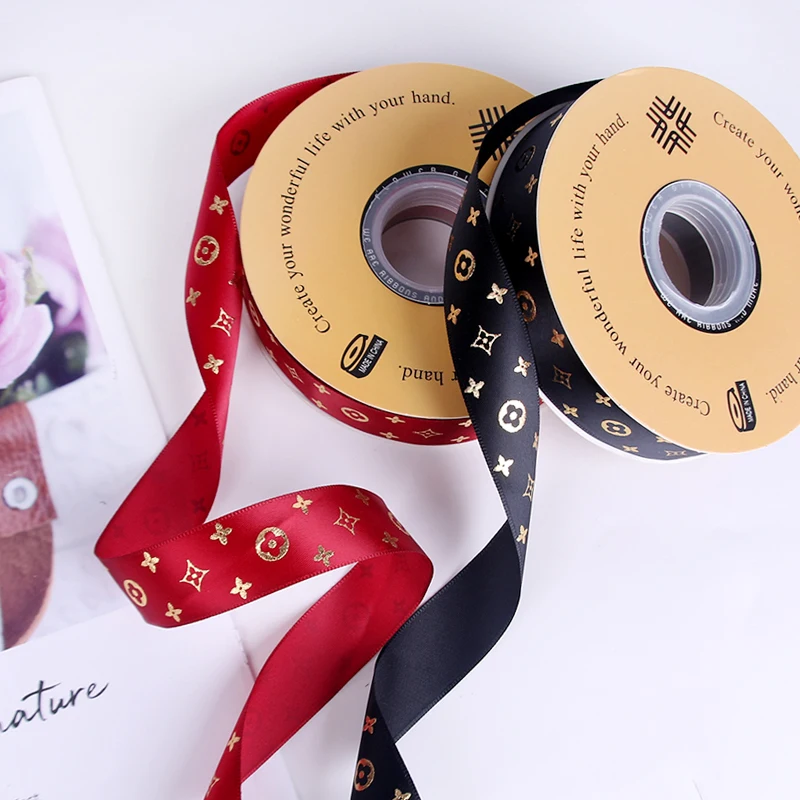 Wholesale 25MM Width Hot Stamping satin ribbon Flower Bouquet Wrapping Ribbons for gift wrap