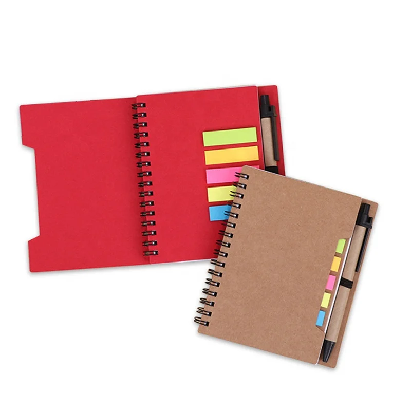 Spiral Kraft Notebook Customized Promotional Eco-Recycled Journal With Sticky Notes Flags  with Pen and Sticky Note Flag