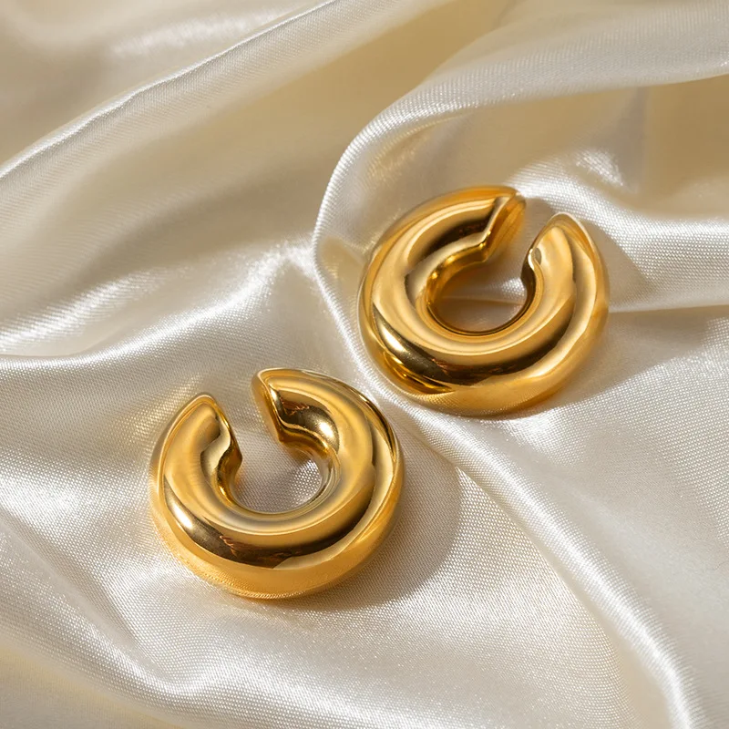 Stainless Steel 18K Gold Plated Big Hoop Earring Trendy Clamp Cuff Clip on Earrings Jewelry