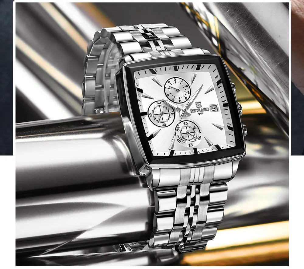 Hot Sale REWARD VIP Mens Watches Stainless Steel Wristwatch Chronograph Date Stopwatch Waterproof Luminous Sport Watches for Man