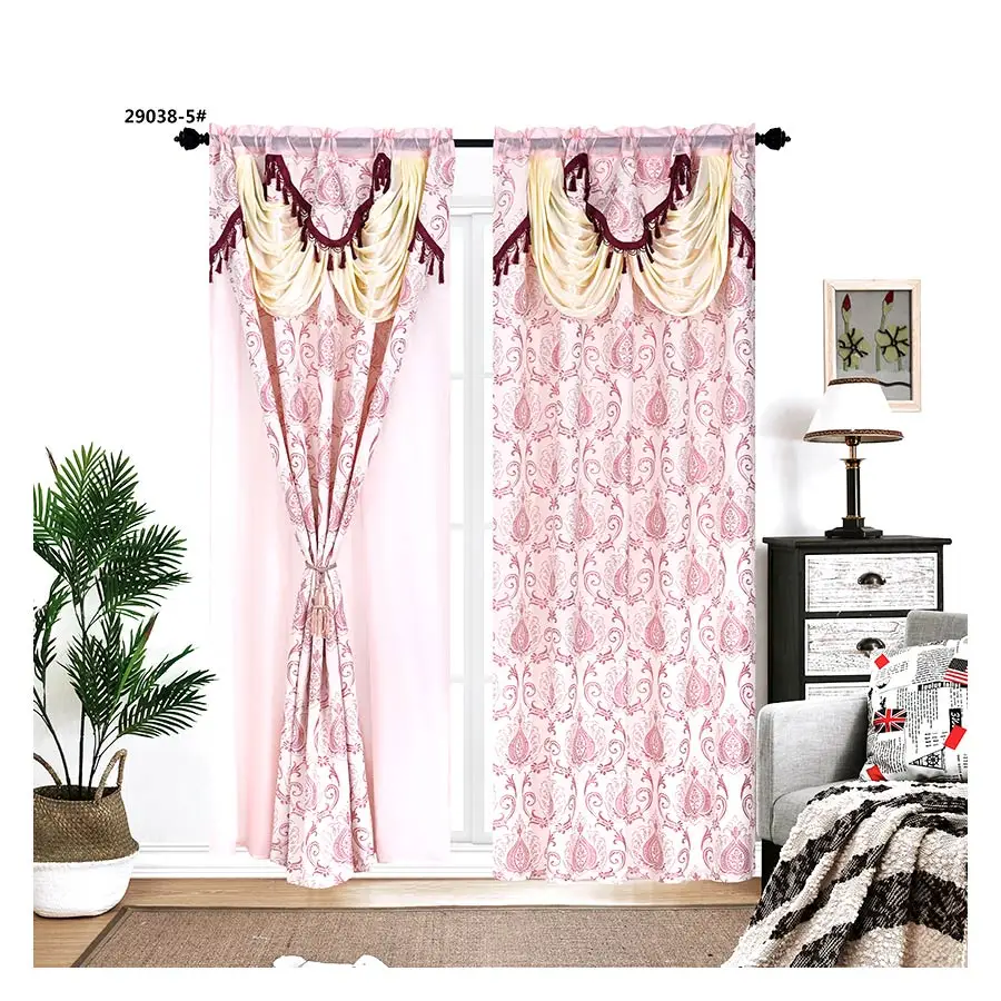 2pcs Beige Jacquard  Curtains Valance Fabric With Taffeta Backing And Tassels Design