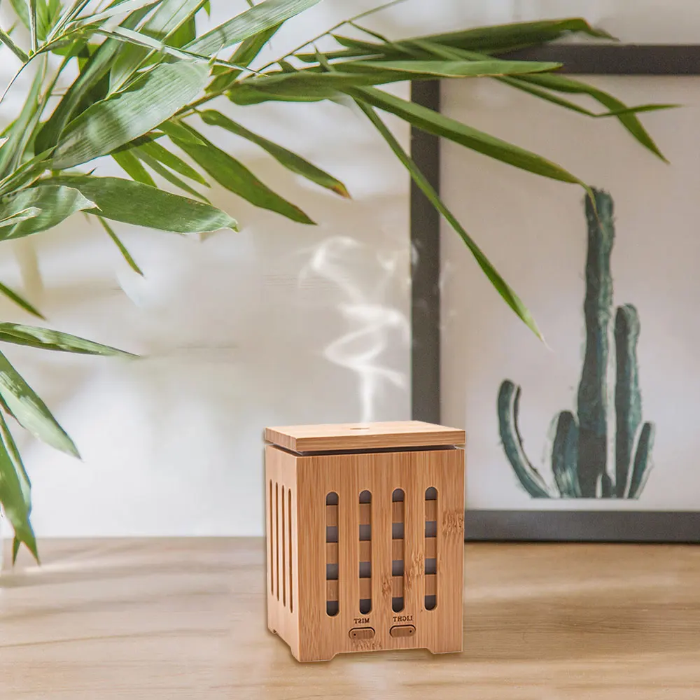 Square Shape Ultrasonic Aroma Diffuser Machine Real Bamboo Aromatherapy Essential Oil Diffuser