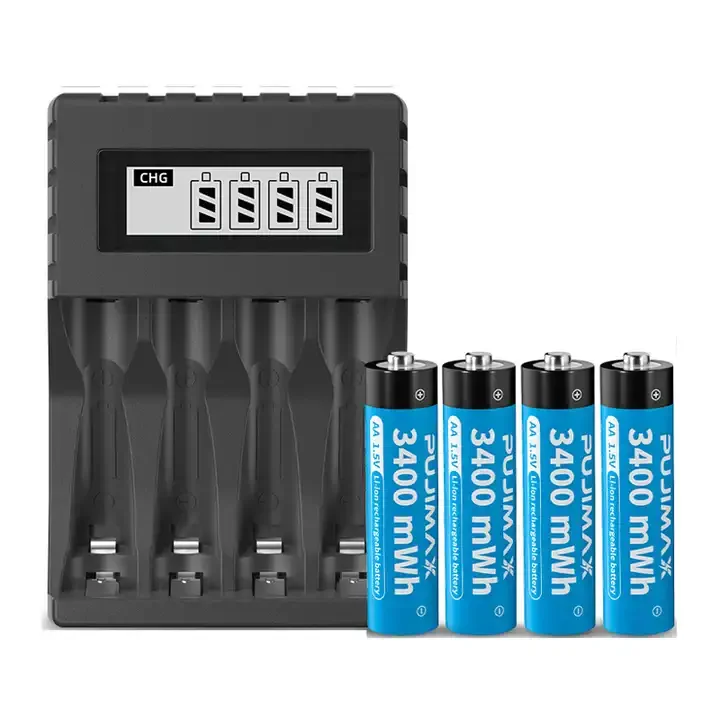PUJIMAX rechargeable 4 slots aa lithium battery charger 1.5v li ion battery charger aa battery set with 8pcs 1.5v aa 3400mwh