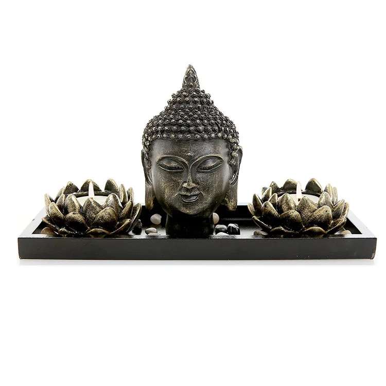 Buddha Head Sculpture Zen Garden Set  Lotus Tealight Candle Holders