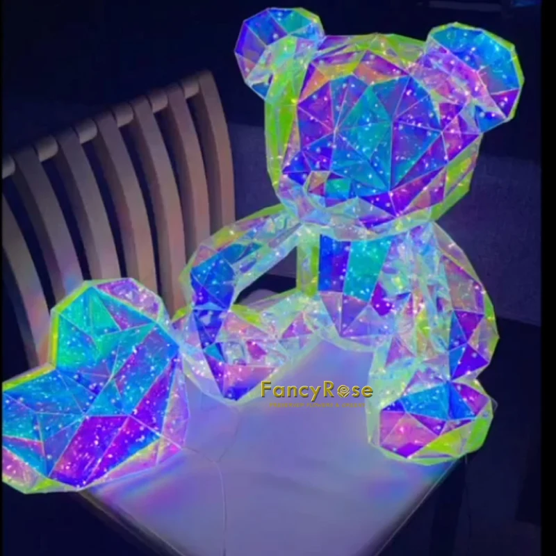 Amazon TOP SELLER Diamond TEDDY BEAR Holographic Foil Film pvc luminous colorful panda bear with USB for valentines day gift