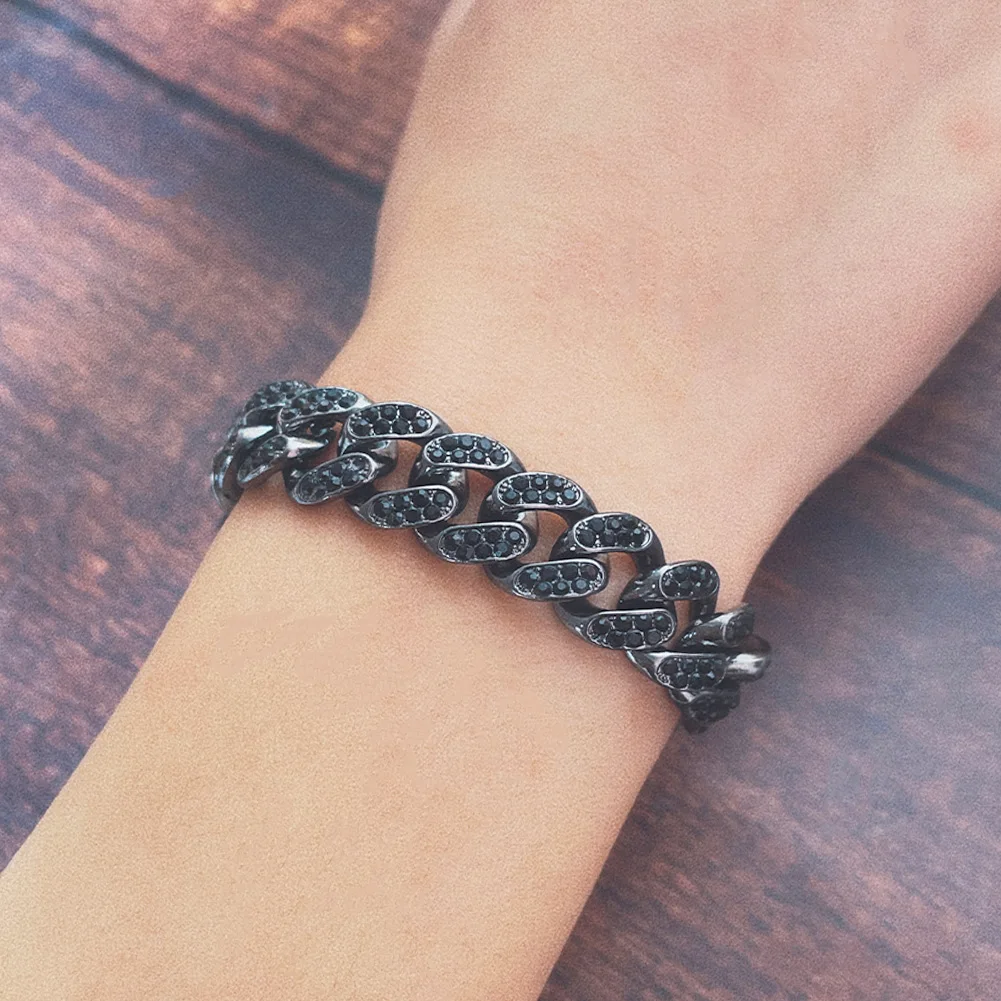 Fashion Hip Hop Black Diamond Iced Out Jewelry Bling Bling Crystal Rhinestones Miami Cuban Link Chain Bracelet For Men Women