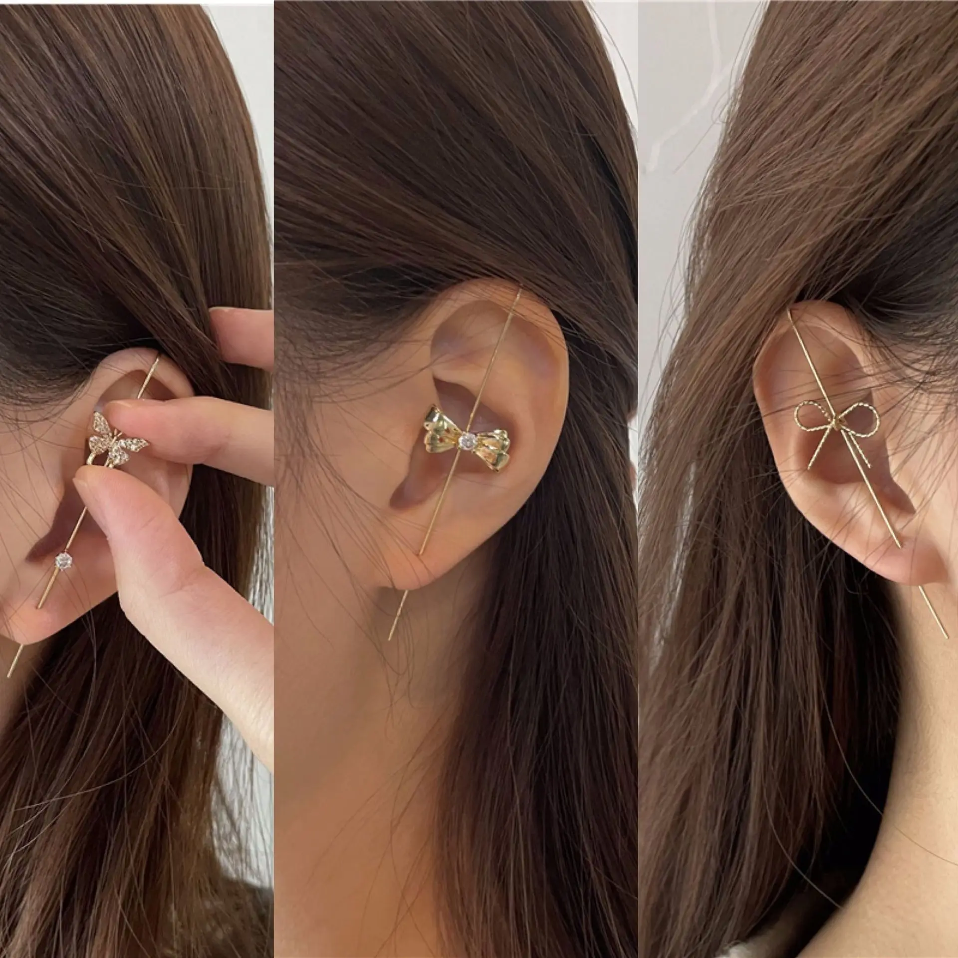 Vershal A4-234 New Arrival 18k Gold Plated Shiny Zircon Butterfly Bowknot Cuff Earrings