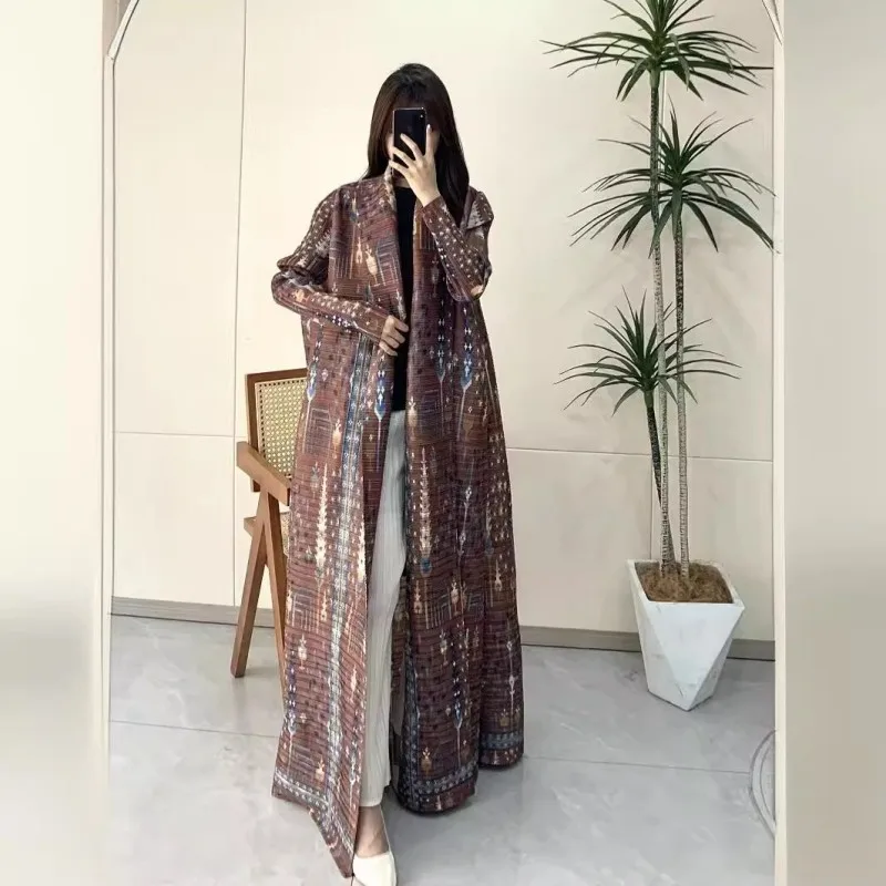 High Quality Pleated Abaya Scarf Collar Belt Kaftan Robes Front Open Coat Women Muslim Modest Abaya