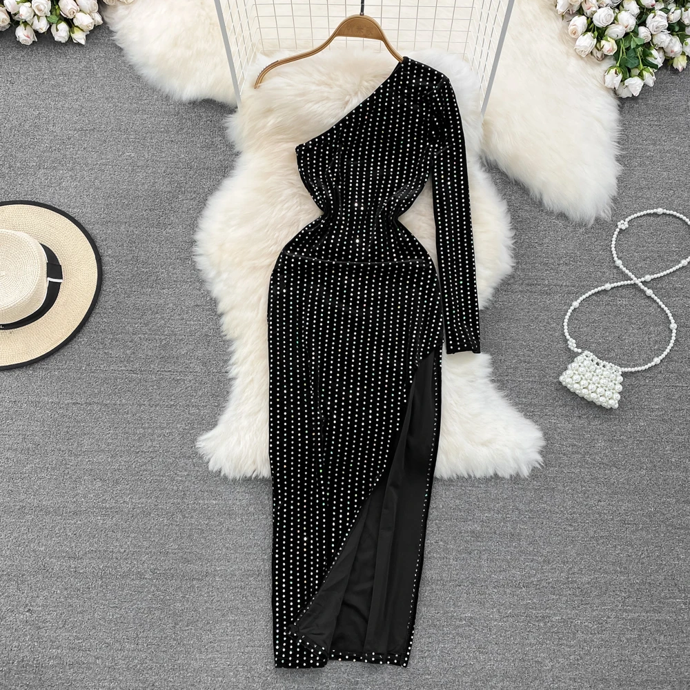 Sexy One Shoulder Velvet Slim Dress Rhinestone Split Midi Dress Women Formal Evening Dress