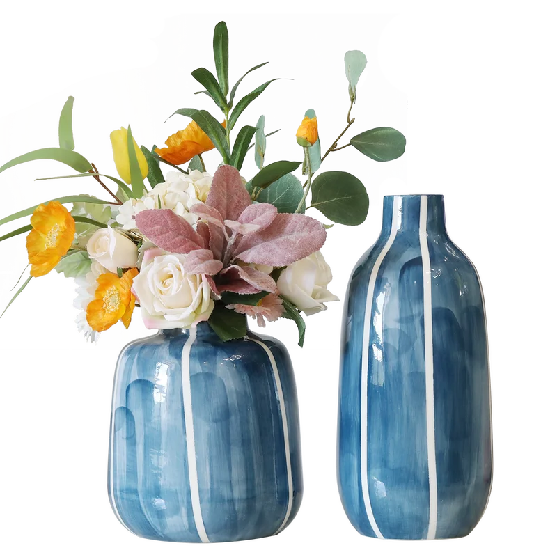 Hand-painted blue striped ceramic vase creative handmade home decoration crafts vase