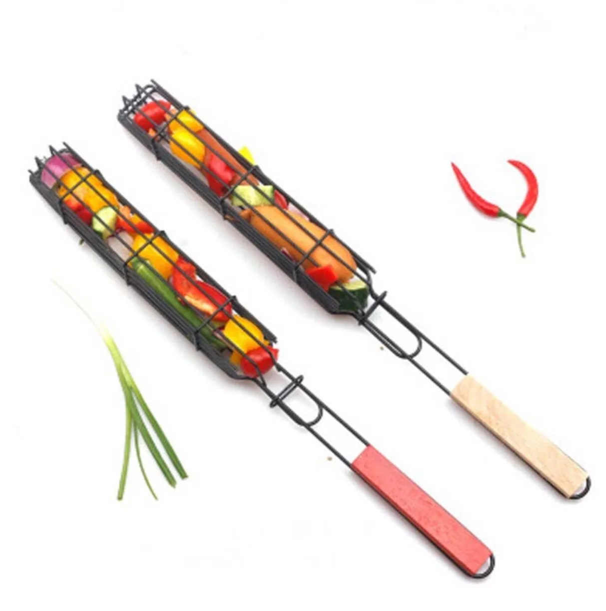 Зажим для гриля, принадлежности для гриля, барбекю, барбекю, корзина для жарки, зажим, инструменты, антипригарная сетка, металл и дерево, 2 в комплекте