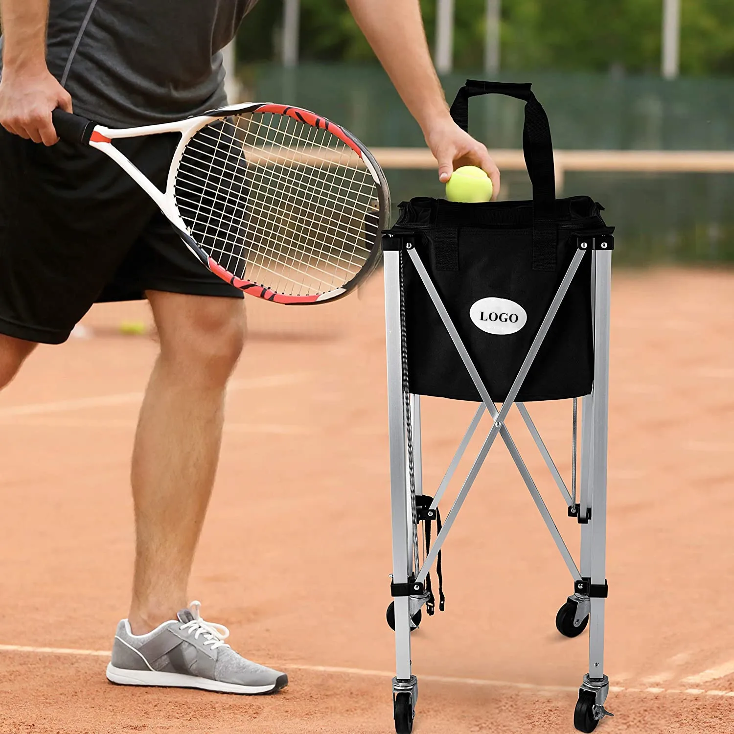 TC02A Portable Tennis Ball Hopper Basket, Lightweight Tennis Ball Cart, Wheeled Baseball Tennis Ball Caddy