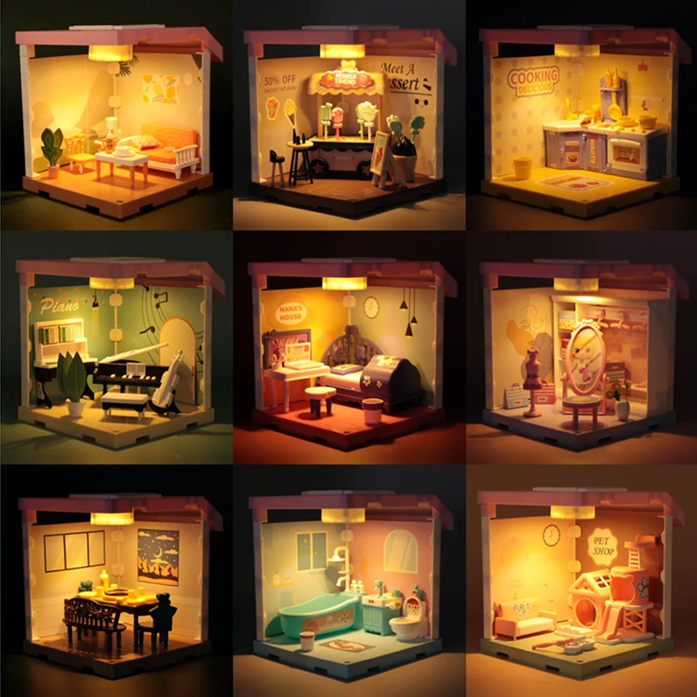 Crafts DIY Creative Bath Room Doll Houses With Lights Shine Scene Small Dolls Toy Tub Mini Furniture