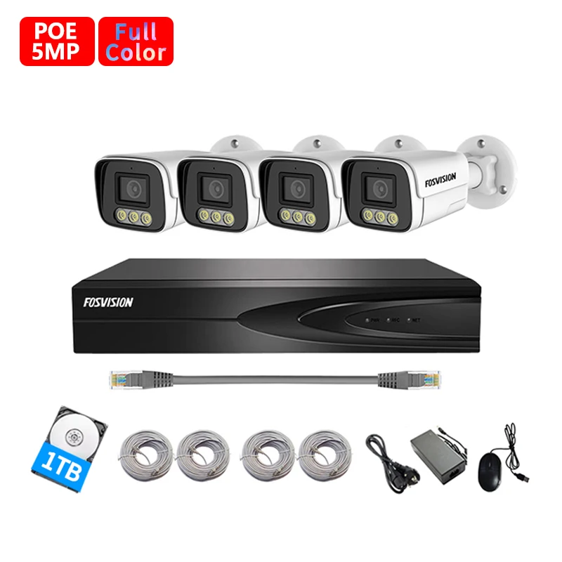 Fosvision Hd Surveillance 5mp Ip Poe Camera System 4ch Poe Nvr Camera Kit Set 4 Channel Nvr Home Security Cctv System 1HDD