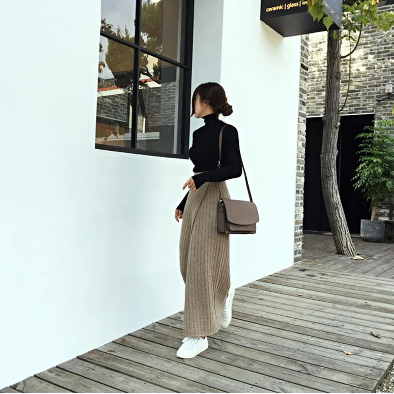 Winter Autumn Knitting Skirt High Waist Long Pencil Skirt Women Open Slit Warm Thicken Knitted Casual Vintage Maxi Skirt