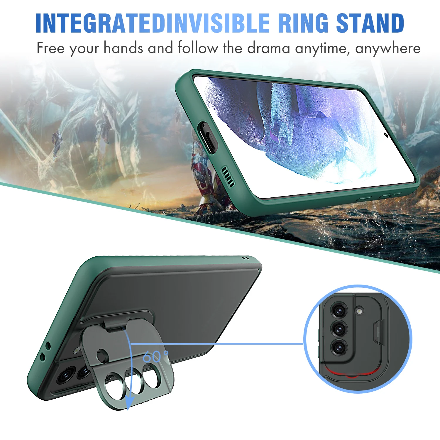 Fashion folding brackect kickstand camera protection mobile cover transparent 2 in 1 phone case for samsung galaxy s21