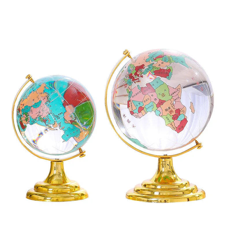 Customized Printing World Map Rotating Glass Crystal Globe with World Map Metal Base For Home Office Table Desk Decoration