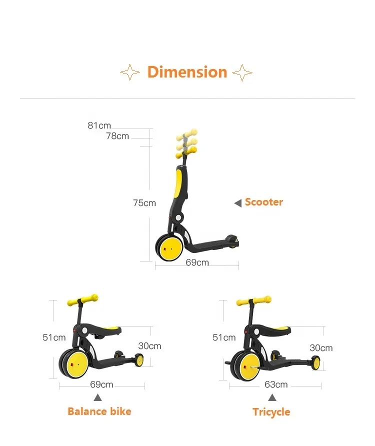 BEBELUX 3 in 1 ride on toy kids scooter balance bike baby tricycle with adjustable seat and handlebar