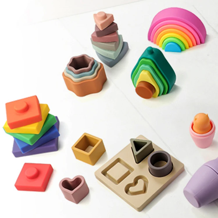 Free Logo OEM ODM Stacking Teether Set Bath Stacker Blocks Baby Teething Silicone Pacifier Chew