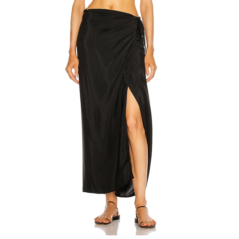 OEM Customized Hand wash Unlined Front slit tie waist silk women maxi shirt