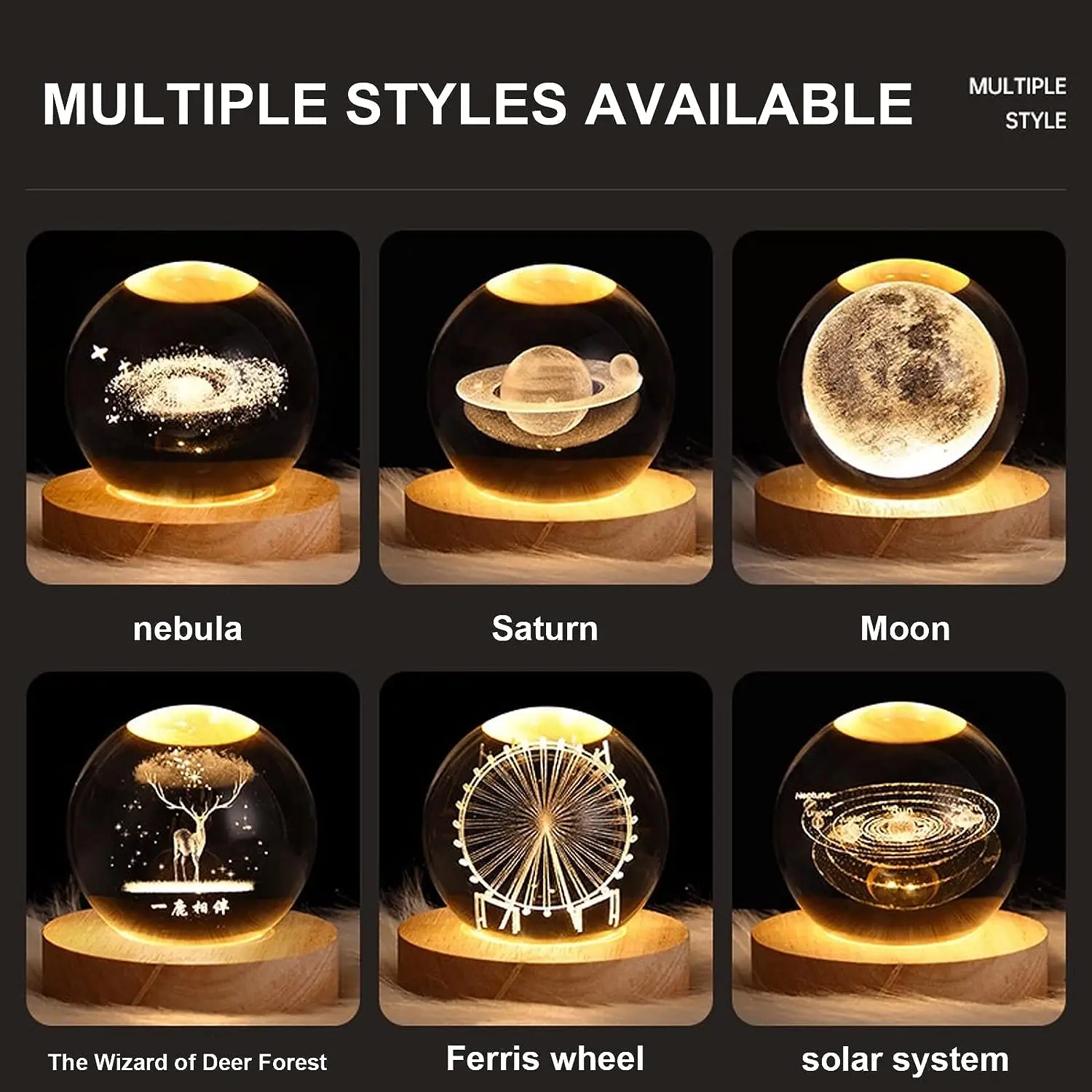 3D Interior Carved Glass Ball Night Lights Space Themed Dream Art Solar System Saturn Galaxy Ball USB Sphere With Wood Base