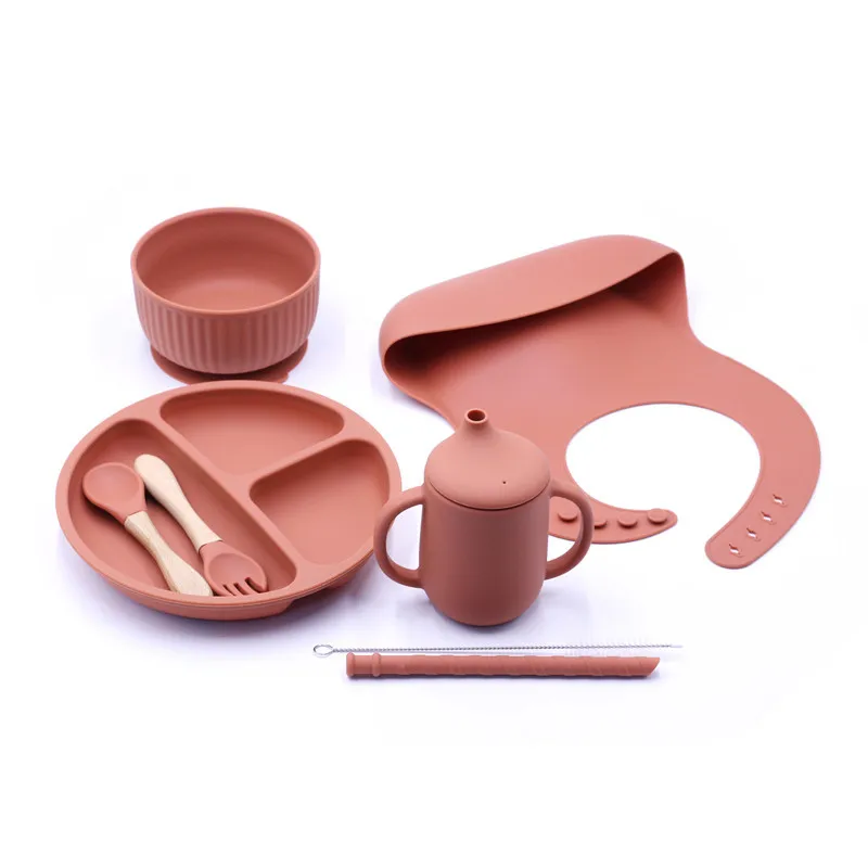 Baby Silicone Feeding Set Sippy Cup With Straws BPA Free Tableware for Kids Non-Slip Suction Plates Bowl Baby Dishes Baby Stuff