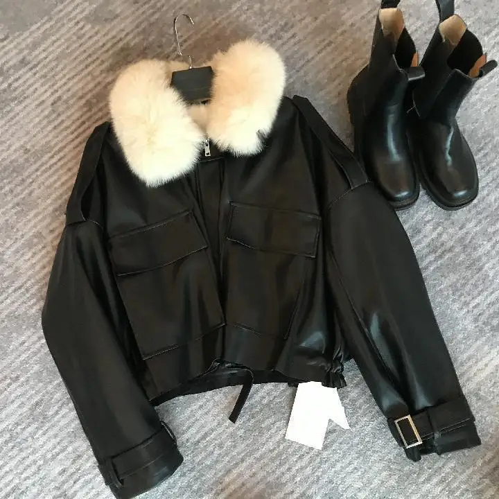 Women Short Leather Jacket Winter Warm Plus Velvet Thickened Imitation Fox Fur All-in-one Detachable Trendy Casual Large Pocket