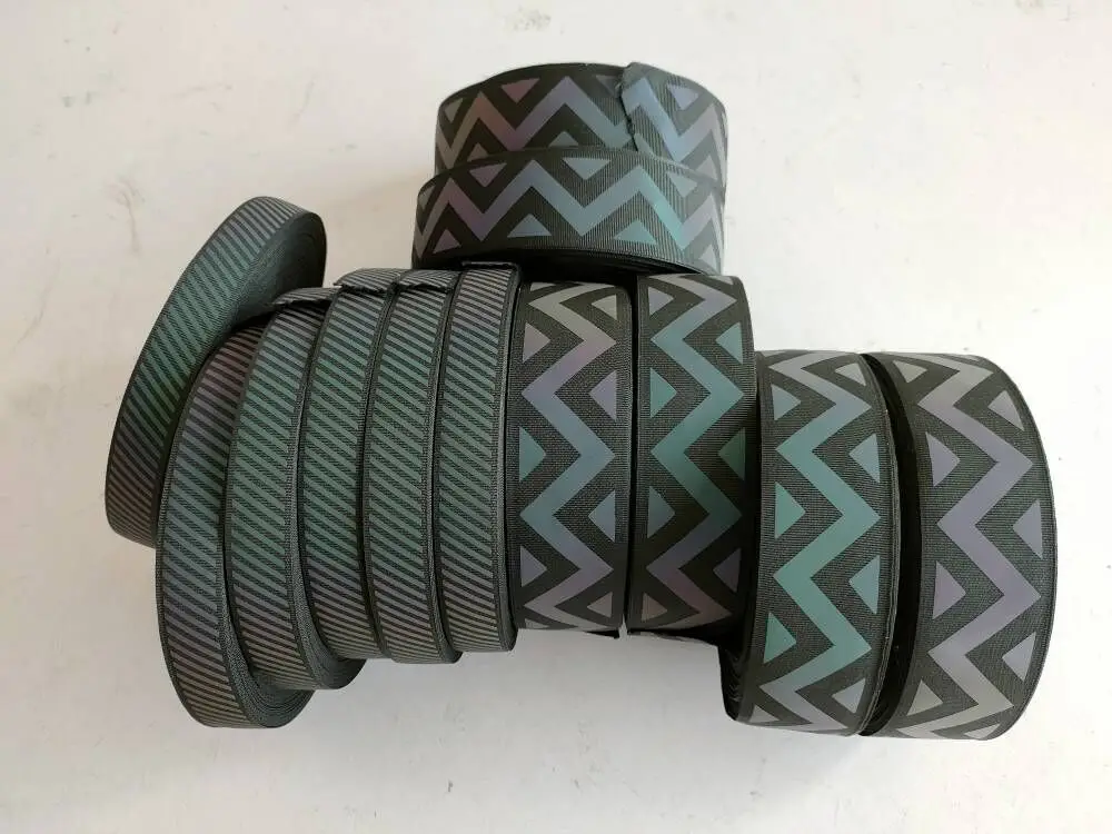 hi-vis 20mm 25mm custom logo pattern tape iridescent reflective ribbon iron rainbow colorful pet dog leash night collar webbing