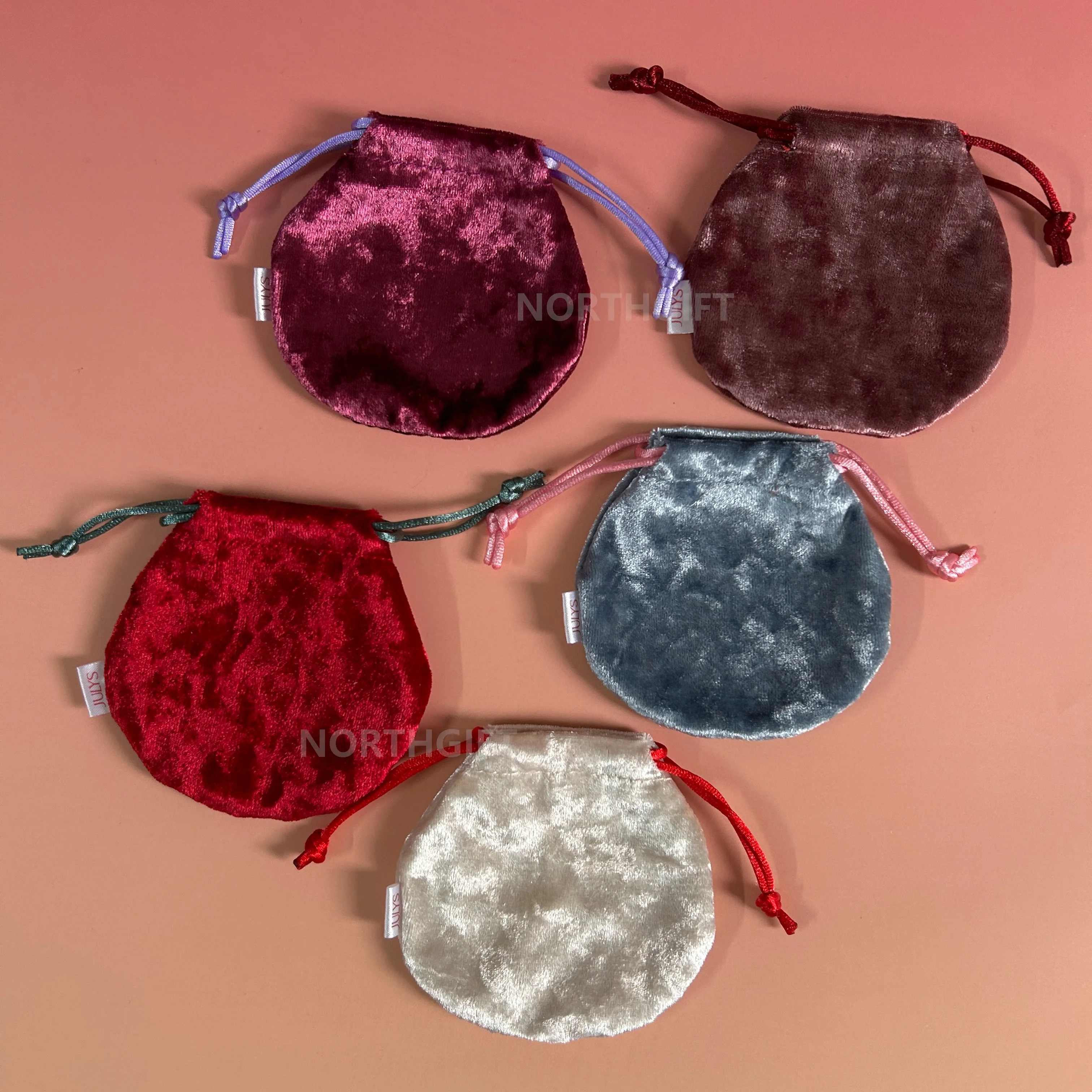 Cheap cherry round shape soft diamond velvet drawstring bag for earring rings jewelry gift packaging pouch with logo label