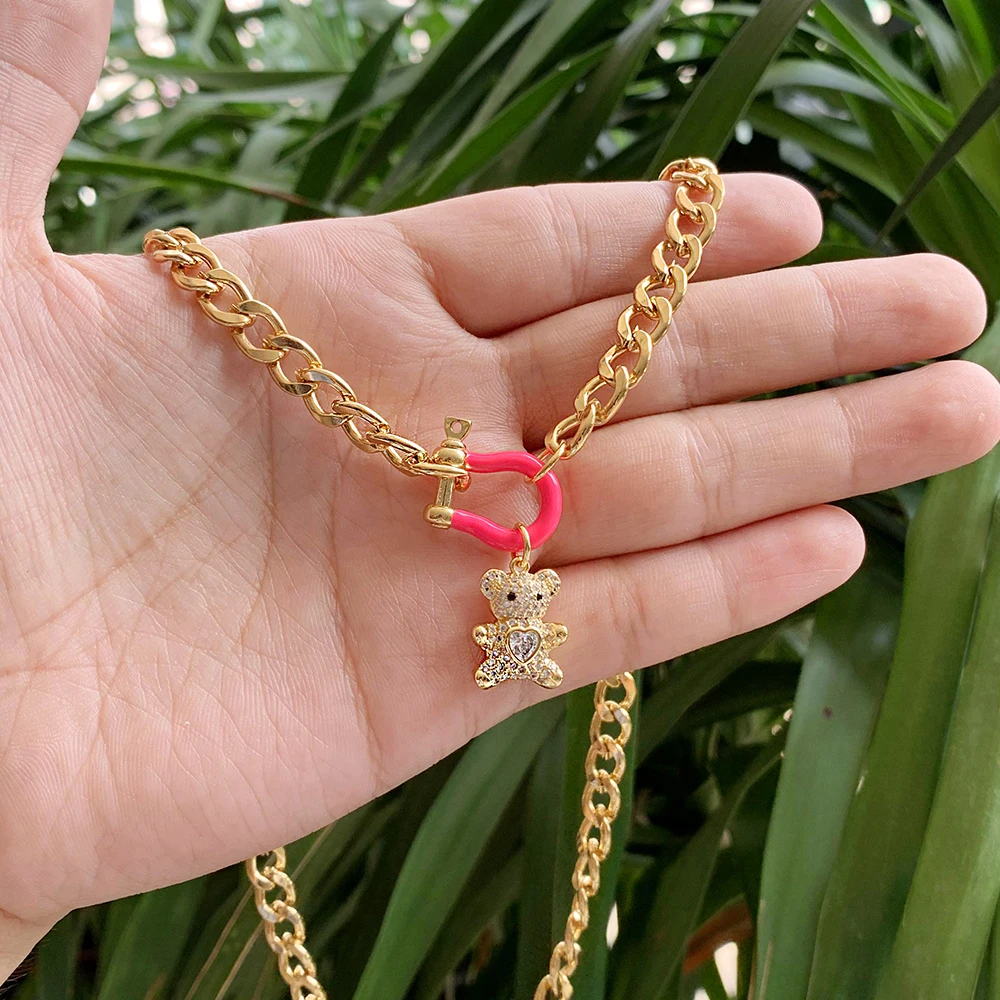 Luxury Gold Plated Zircon Mini Bear Pendant Cuban Chain Colorful Enamel U-Connector Necklace Cute for Women Jewelry Wholesale