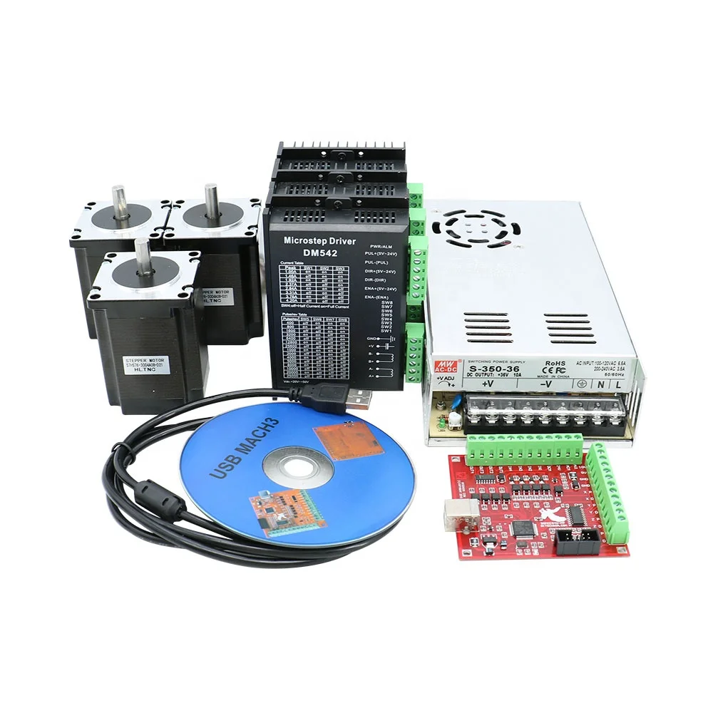 CNC DC stepper motor kits  3pcs DM542 driver+ 3 pcs Nema23 76mm 2m  motor+1 set MACH3 +1 pcs 350W 36V HLTNC power supply for CNC