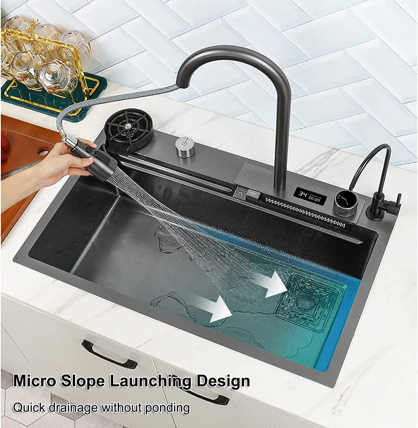 Kitchen Sink, 304 Stainless Steel Nano Raindance Waterfall Sink, with Pull-Out Faucet Single Bowl Big Sink
