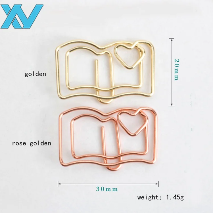 Golden color book shape paper metal clips office stationery.
