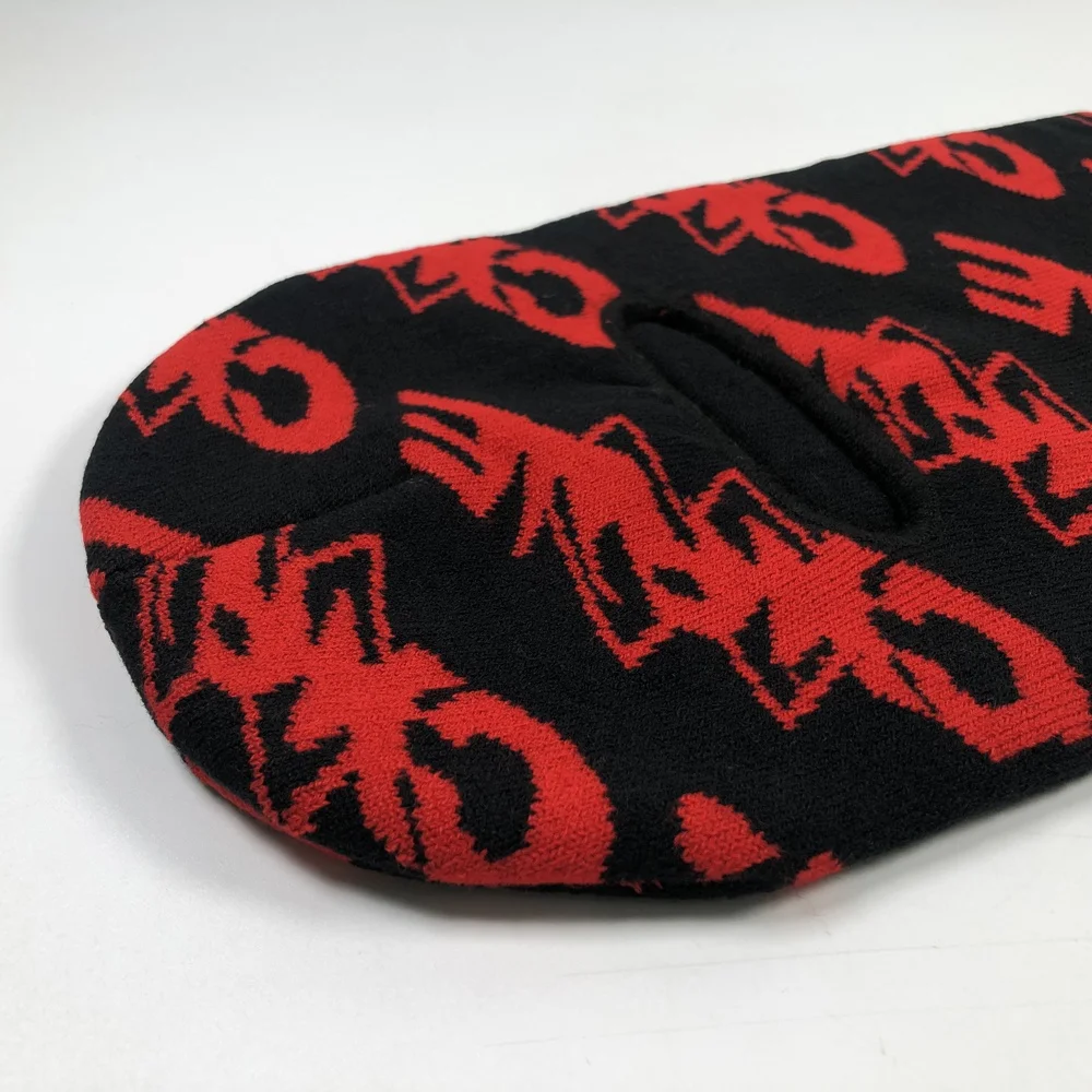 OEM acrylic unisex warm knit winter hats black one hole balaclava with red all over jacquard design customizable ski mask