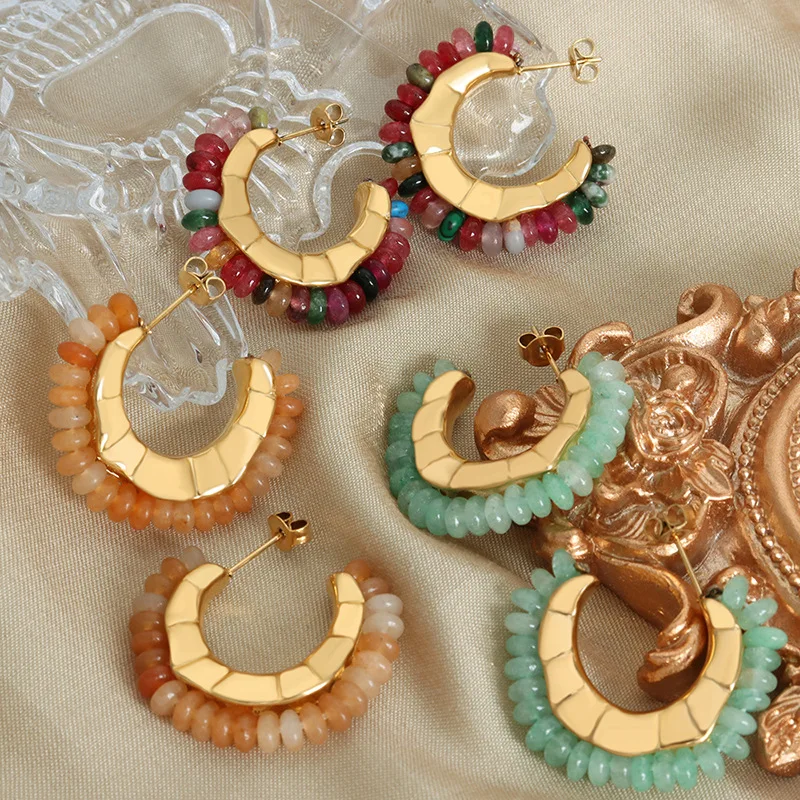 Wholesale Custom Made Jewelry Titanium Steel Natural Ghost Stone Yellow Agate Earrings