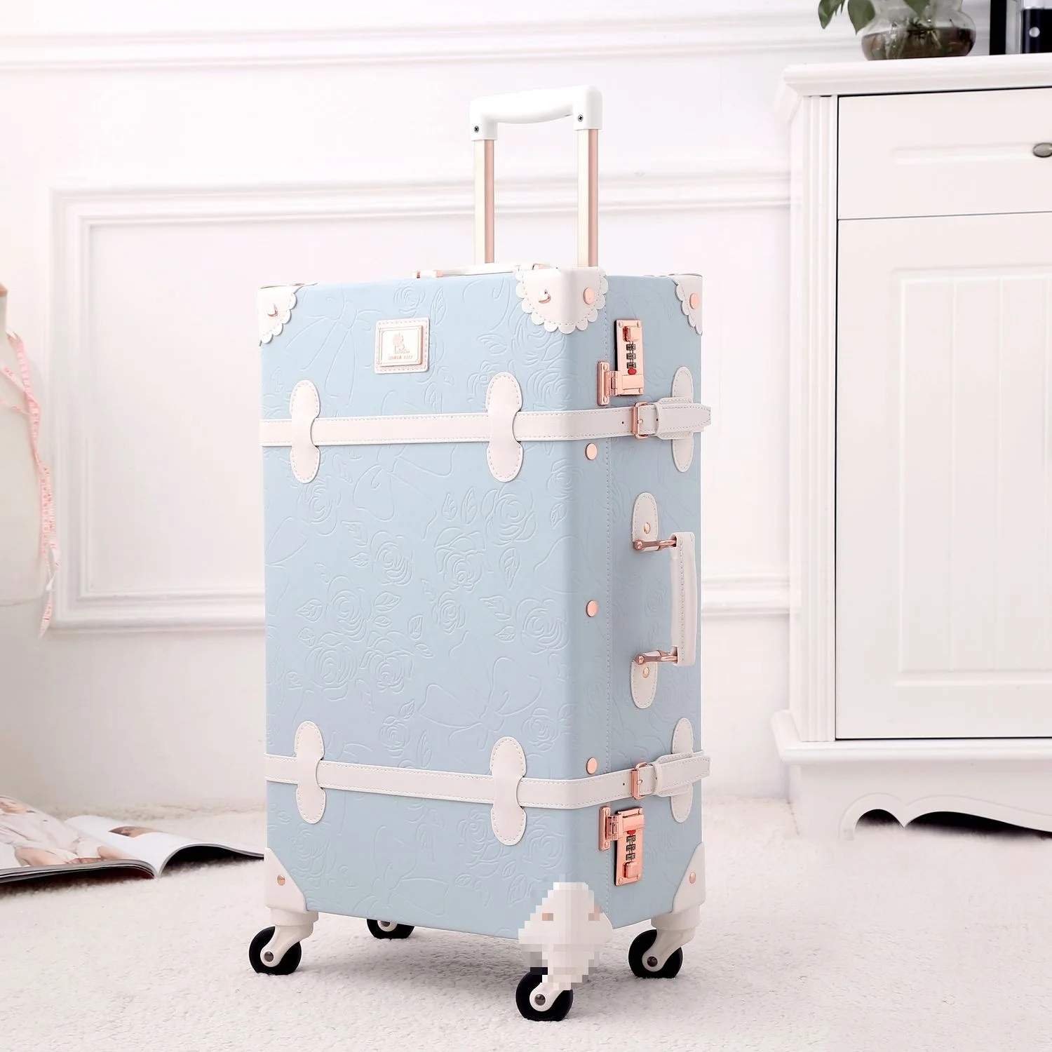 Vintage 13 Inch Train Case Unisex Factory Embossed PU Leather Spinner Luggage Set with Trolley for Men and Women