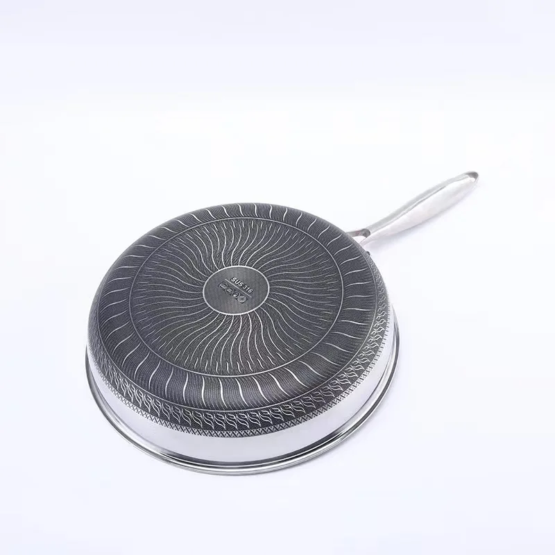 316 Stainless Steel Wok Double Sided Honeycomb Frying Pan with Glass Lid Kitchen Cooking Pan