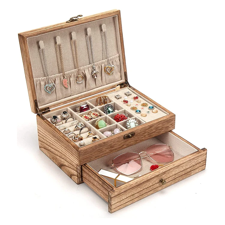 Hot sale vintage wooden earring storage holder container necklace display stand jewelry organizer box with drawer