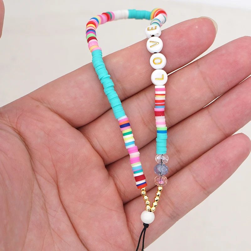 Colorful LOVE Letter Beaded Heishi Beads Polymer Clay Cell Mobile Phone Strap Chain Case Charm Holder Lanyard Bracelet Keychain