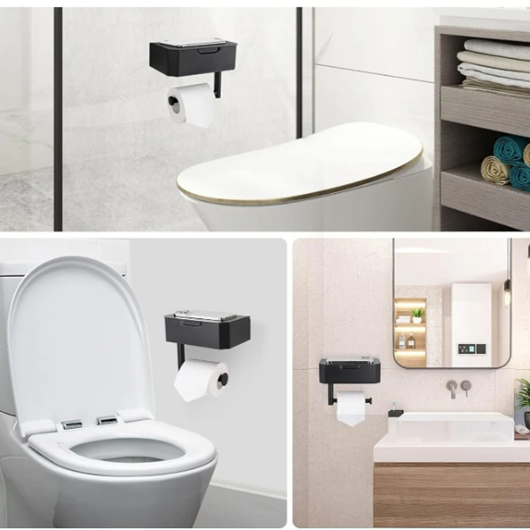 Jutye Bathroom Modern Style Black Phone Shelf Lid Storage Box Toilet Paper Holder With Storage