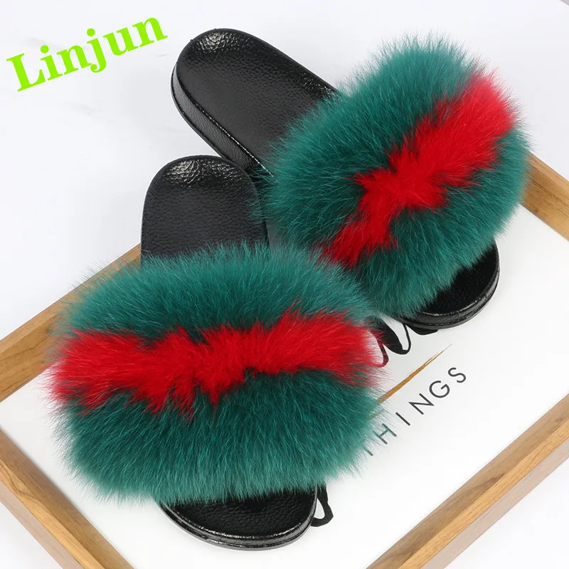 
Factory direct wholesale 2021 new indoor and outdoor fashion ladies cheap mini black fox fur slide 