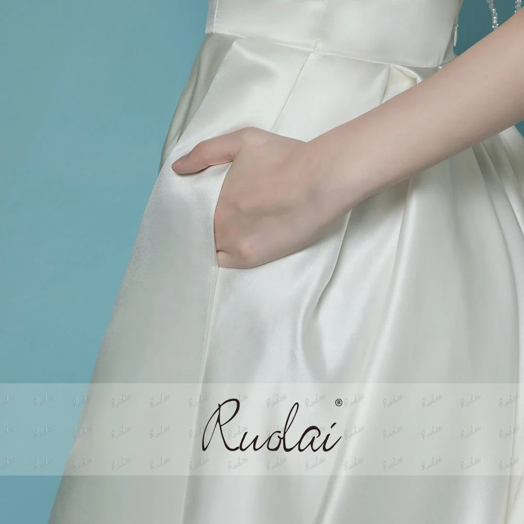 Ruolai QD06001 Simple Crystal Tassel Decoration Bride Dress with pockets Open V back Folded Satin wedding dresses