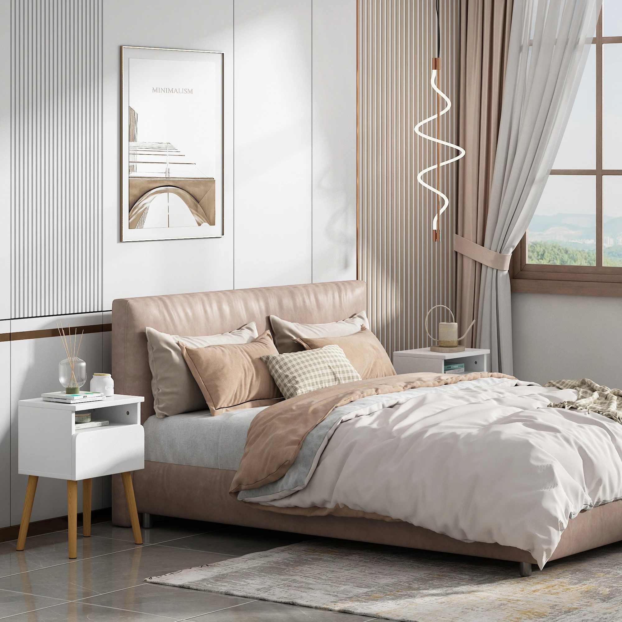 Oriental Style White Painting Paulownia Wood Modern Nightstand Bedside Table Cabinet Oak Open Storage Night Stand Narrow