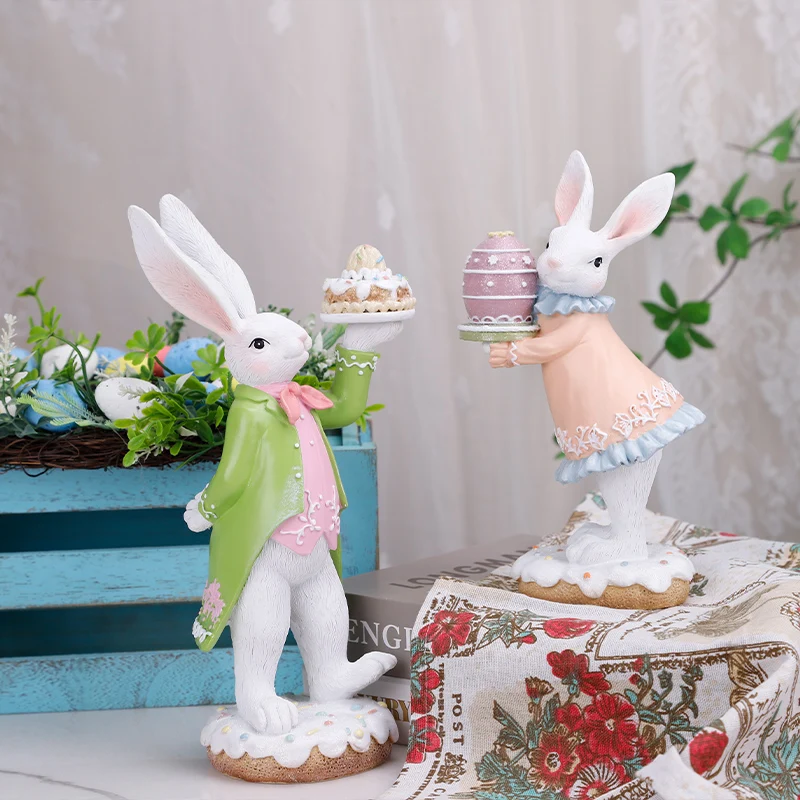 Redeco Hot Sale Spring Desktop Decorations Pink Cute Easter Bunny Figurine Resin Cartoon Rabbit Sculpture