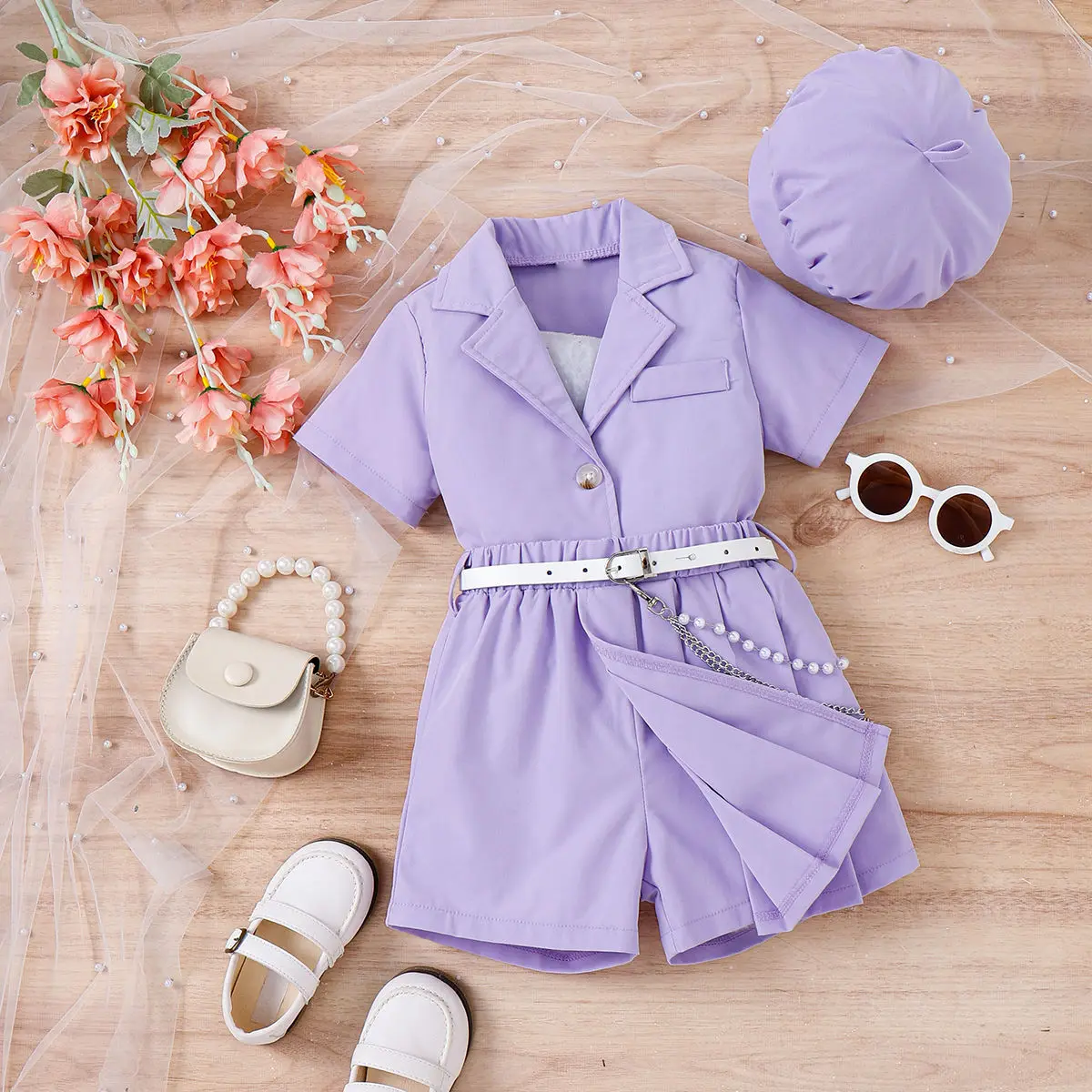 4-7Y Fashion 2023 Summer Kids Outfit Solid Short Sleeve Single Breasted Shirts+Pleated Skirts+Hat 3Pcs Girls Clothing Sets