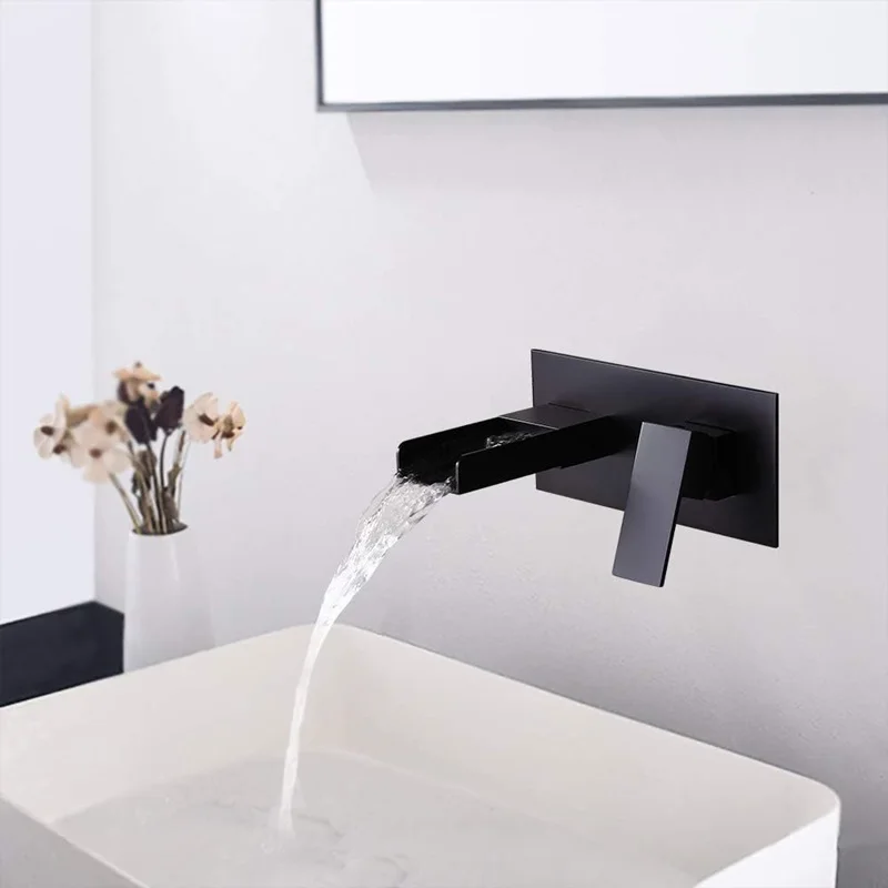 Wall Mounted Waterfall Bathroom Sink Faucet 2-Hole Single Handle Bathroom Sink Faucets Basin Sinks Matte Black Finish Faucet